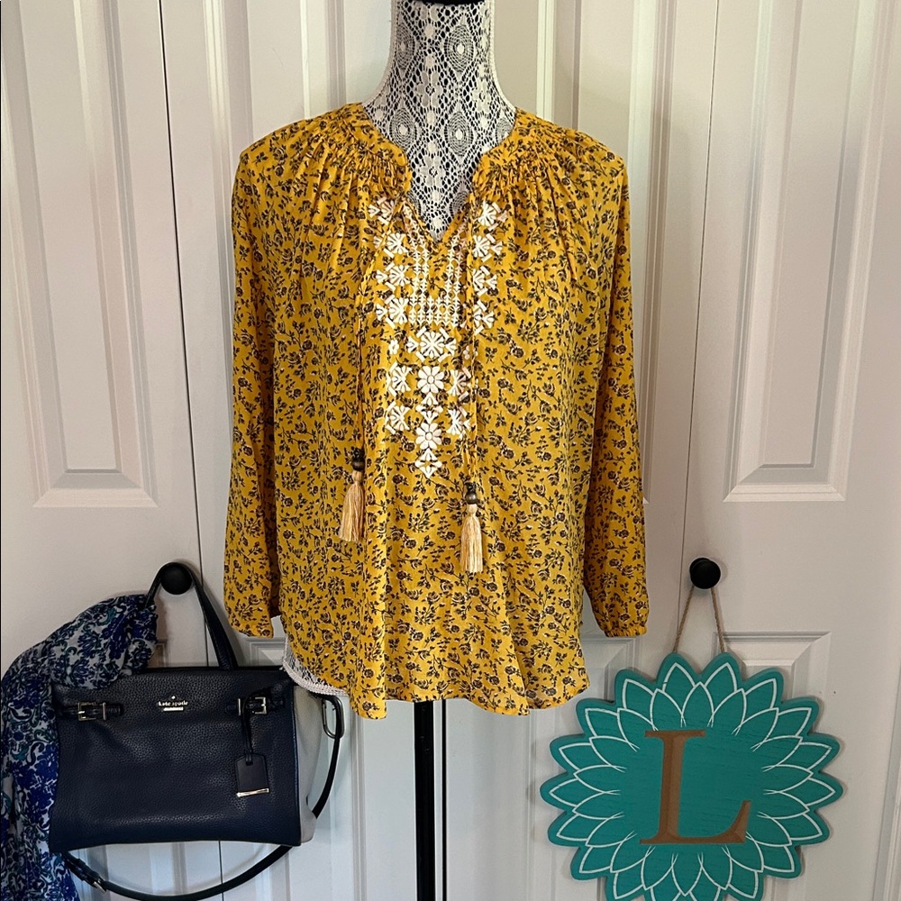 Mason & Belle Boho Cowgirl Peasant Blouse in  Mustard Yellow Floral Print